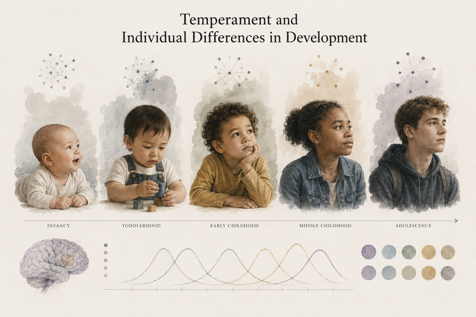 Research-grade illustration of temperament and individual differences in development, showing children and adolescents across developmental stages with subtle brain, network, and variation motifs representing emotional reactivity, self-regulation, sociability, and developmental diversity.