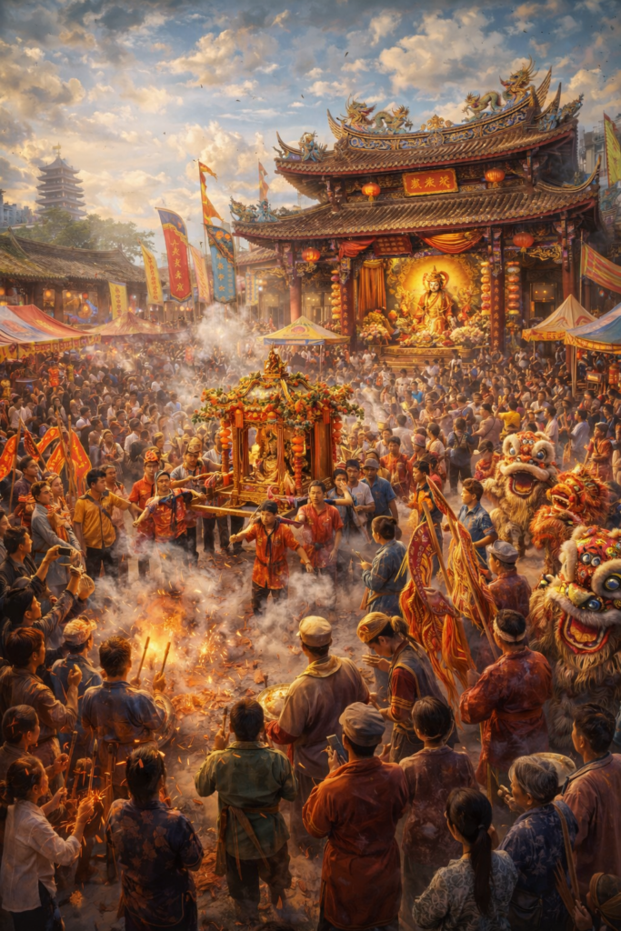 Crowded Chinese temple festival scene with a deity procession, incense smoke, lion dancers, banners, firecrackers, and worshippers gathered before an ornate temple.