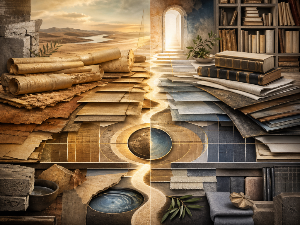Non-figurative editorial illustration of layered scrolls, codex pages, parchment fragments, archival books, luminous pathways, stone textures, water, olive leaves, and soft illumination representing the Christian Bible as Old Testament, New Testament, canon, and sacred history.