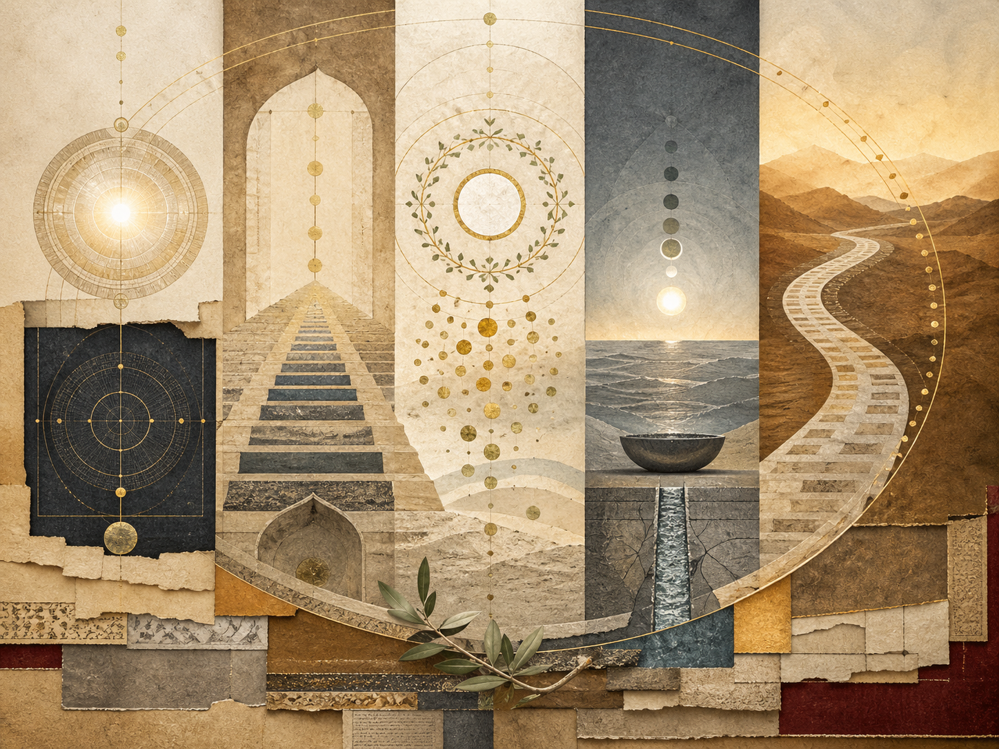 Non-figurative editorial illustration of five layered parchment and stone panels, luminous circular geometry, prayer-like pathways, charity-inspired radiating forms, fasting symbolism, water basin, olive branch, desert pilgrimage route, and soft gold illumination representing the Five Pillars of Islam.