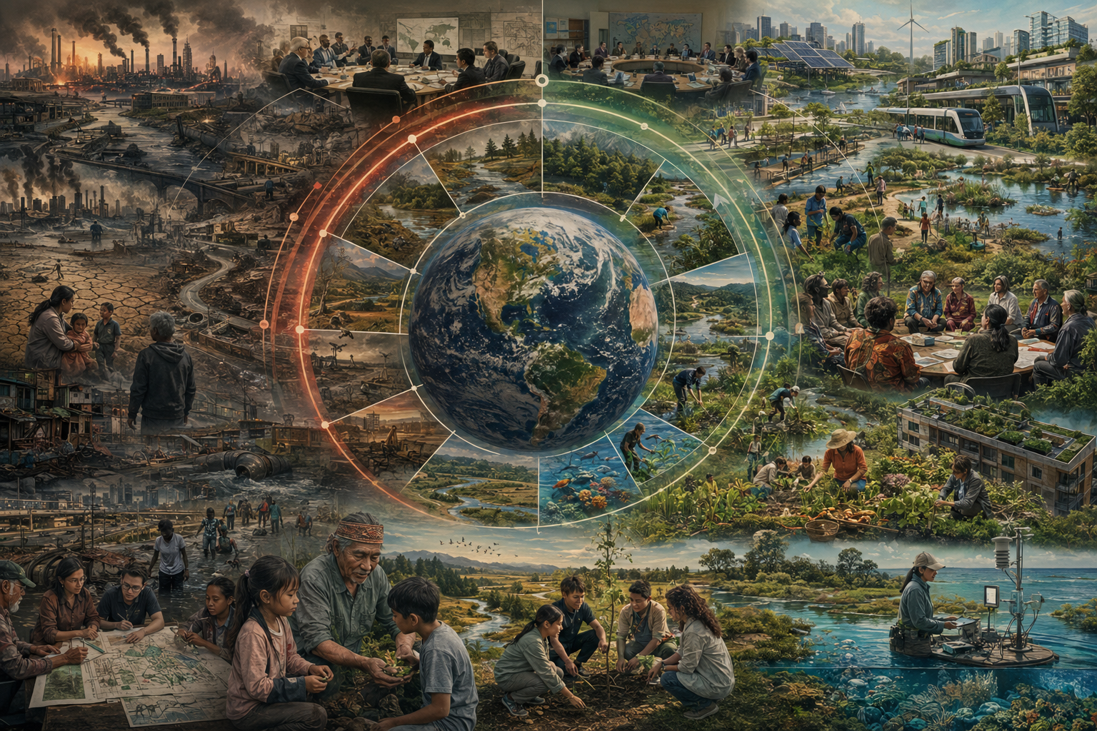 Editorial illustration showing Earth within planetary stewardship systems, with restoration, multilevel governance, ecological repair, justice, cities, communities, and future generations.