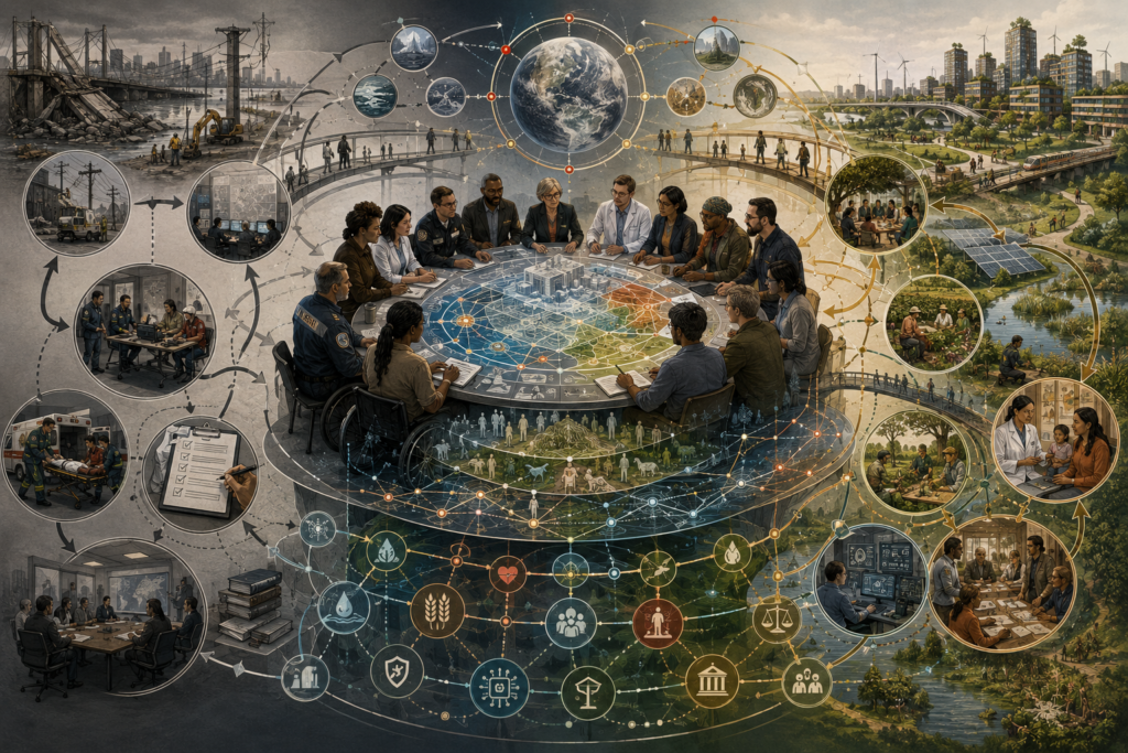 Editorial systems illustration showing diverse leaders, scientists, emergency managers, community representatives, and residents around a resilience strategy table linking systemic risk, ecological repair, technology, justice, and planetary limits.