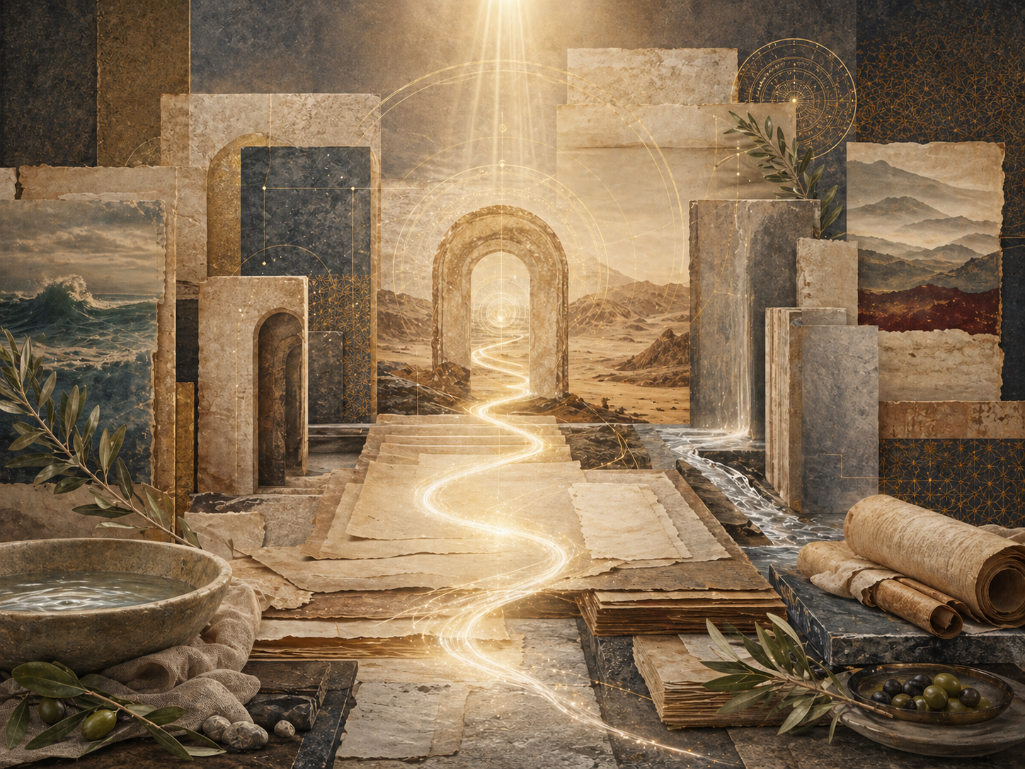 Non-figurative editorial illustration of layered parchment, desert thresholds, luminous pathways, water basin, olive branches, stone arches, archival manuscript fields, and soft gold illumination representing the history of the prophets in the Qur’anic tradition.