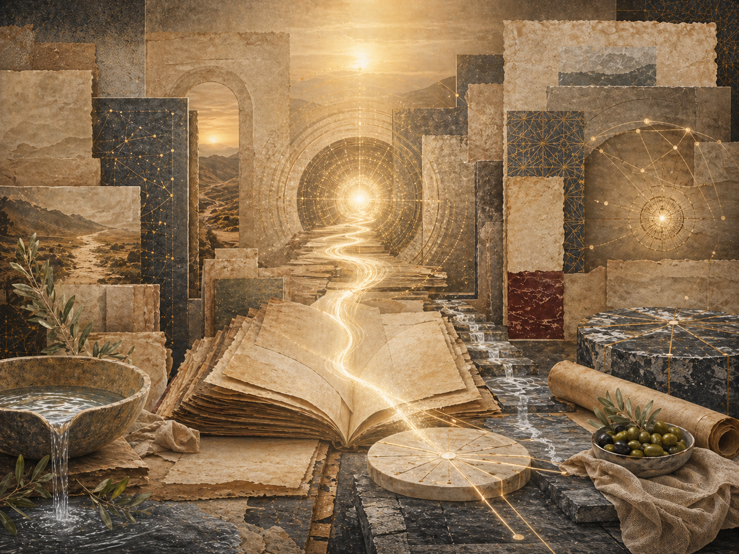 Non-figurative editorial illustration of layered parchment, open manuscript forms, desert thresholds, luminous communal pathways, water basin, olive branches, stone surfaces, circular geometry, and archival textures representing Prophet Muhammad’s mission and the formation of the ummah.