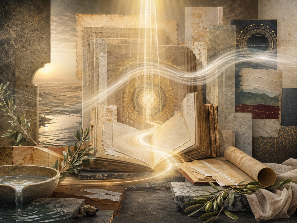 Non-figurative editorial illustration of layered parchment, codex-like manuscript forms, desert horizon, water basin, olive branches, luminous pathways, circular geometry, and soft gold illumination representing the Qur’an as revelation, recitation, guidance, and sacred history.