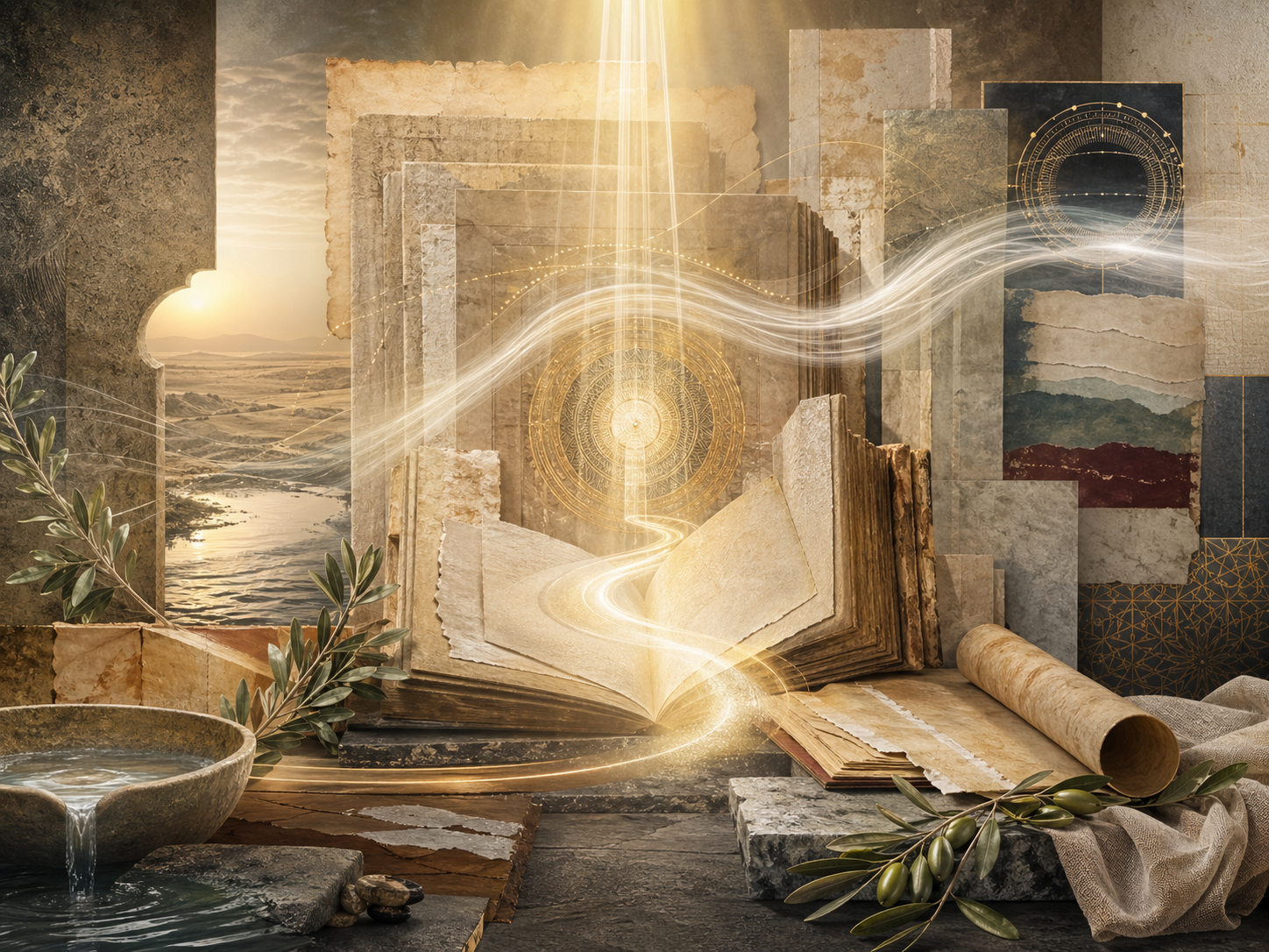 Non-figurative editorial illustration of layered parchment, codex-like manuscript forms, desert horizon, water basin, olive branches, luminous pathways, circular geometry, and soft gold illumination representing the Qur’an as revelation, recitation, guidance, and sacred history.
