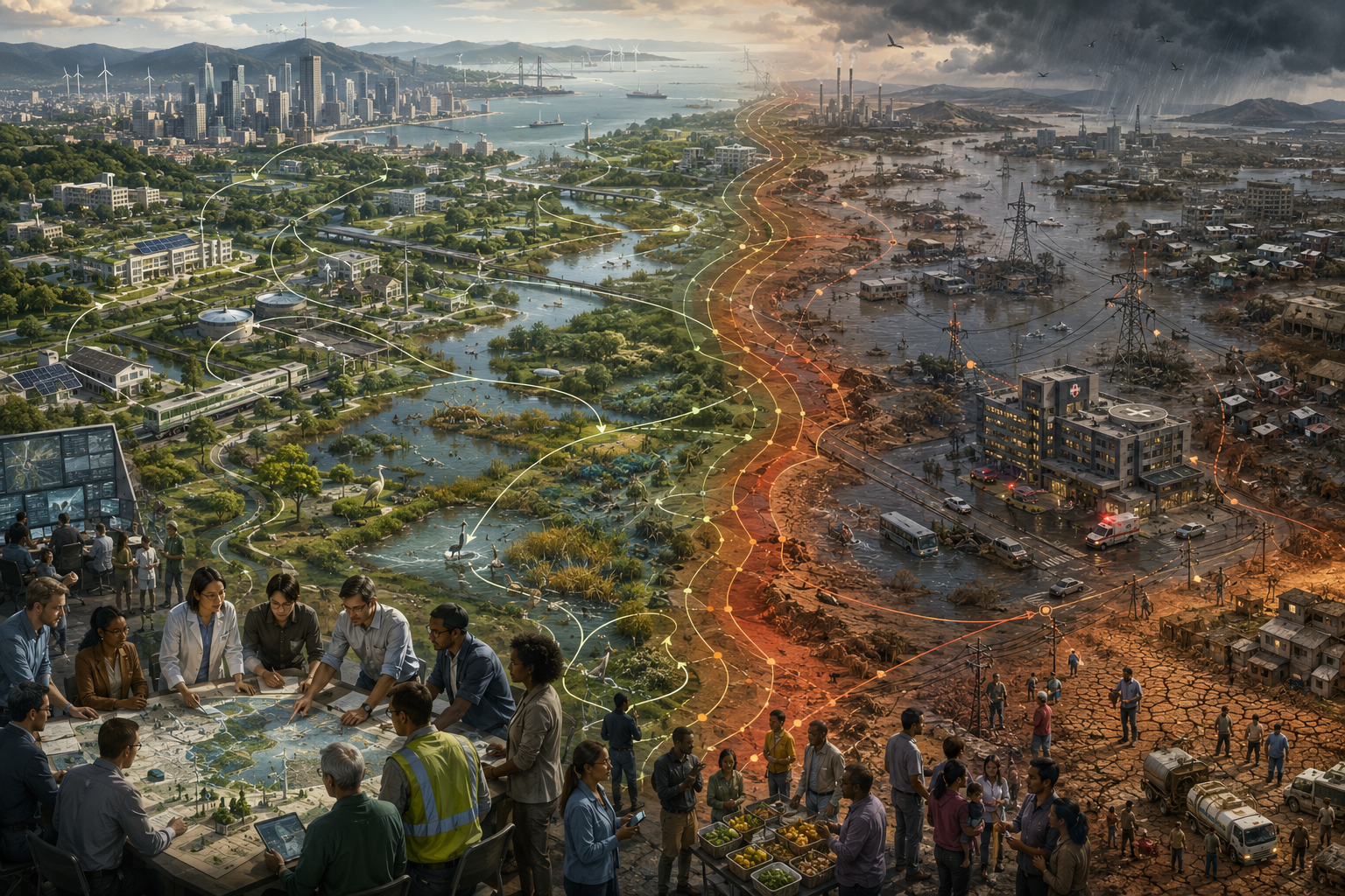 Editorial sustainability illustration showing a stable, well-coordinated urban and ecological system transitioning across a threshold into flooded, strained, and cascading system breakdown, with governance teams and affected communities visible in the foreground.