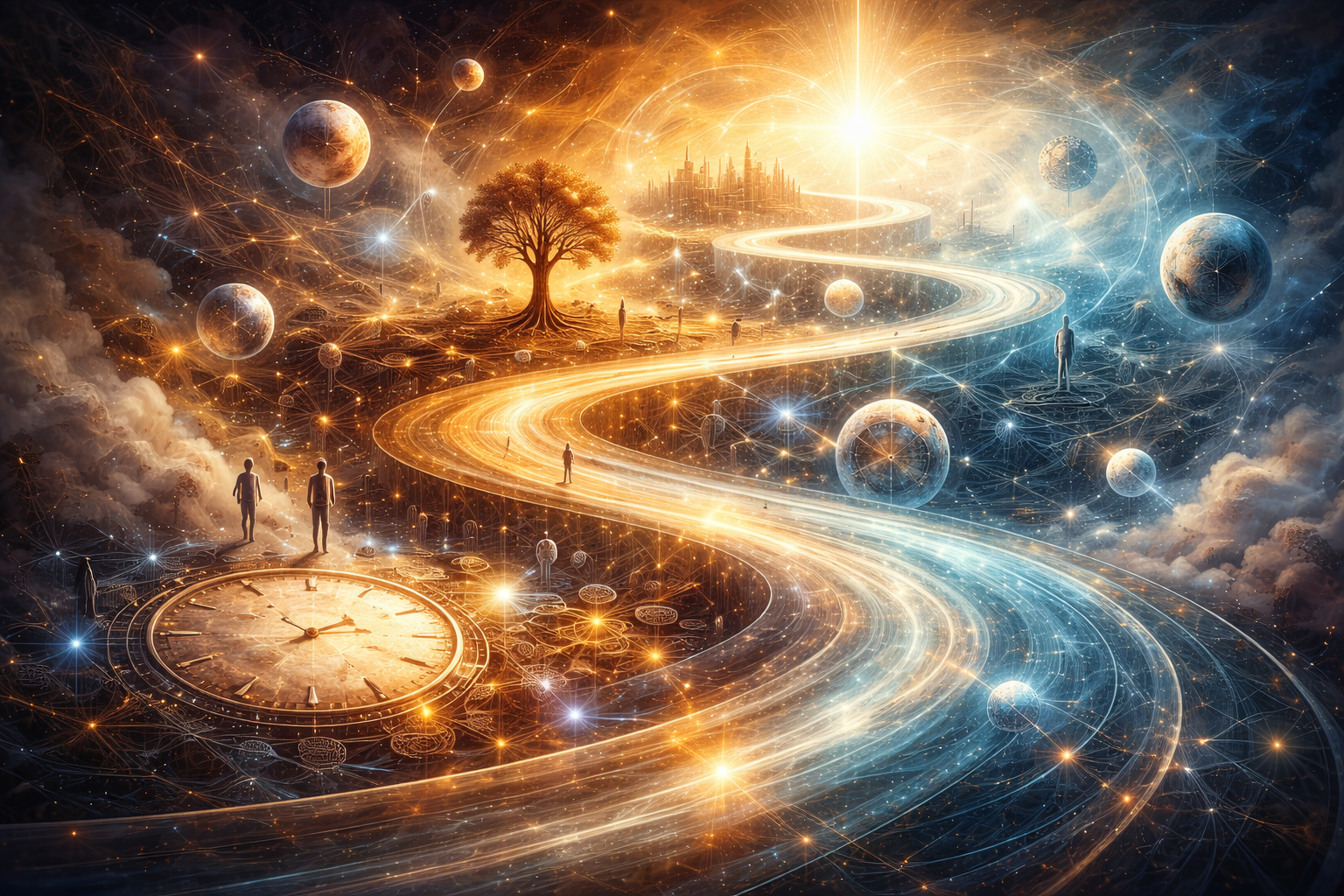 Abstract cosmic landscape with a flowing luminous path, celestial spheres, human figures, and radiant structures representing time, change, and causation