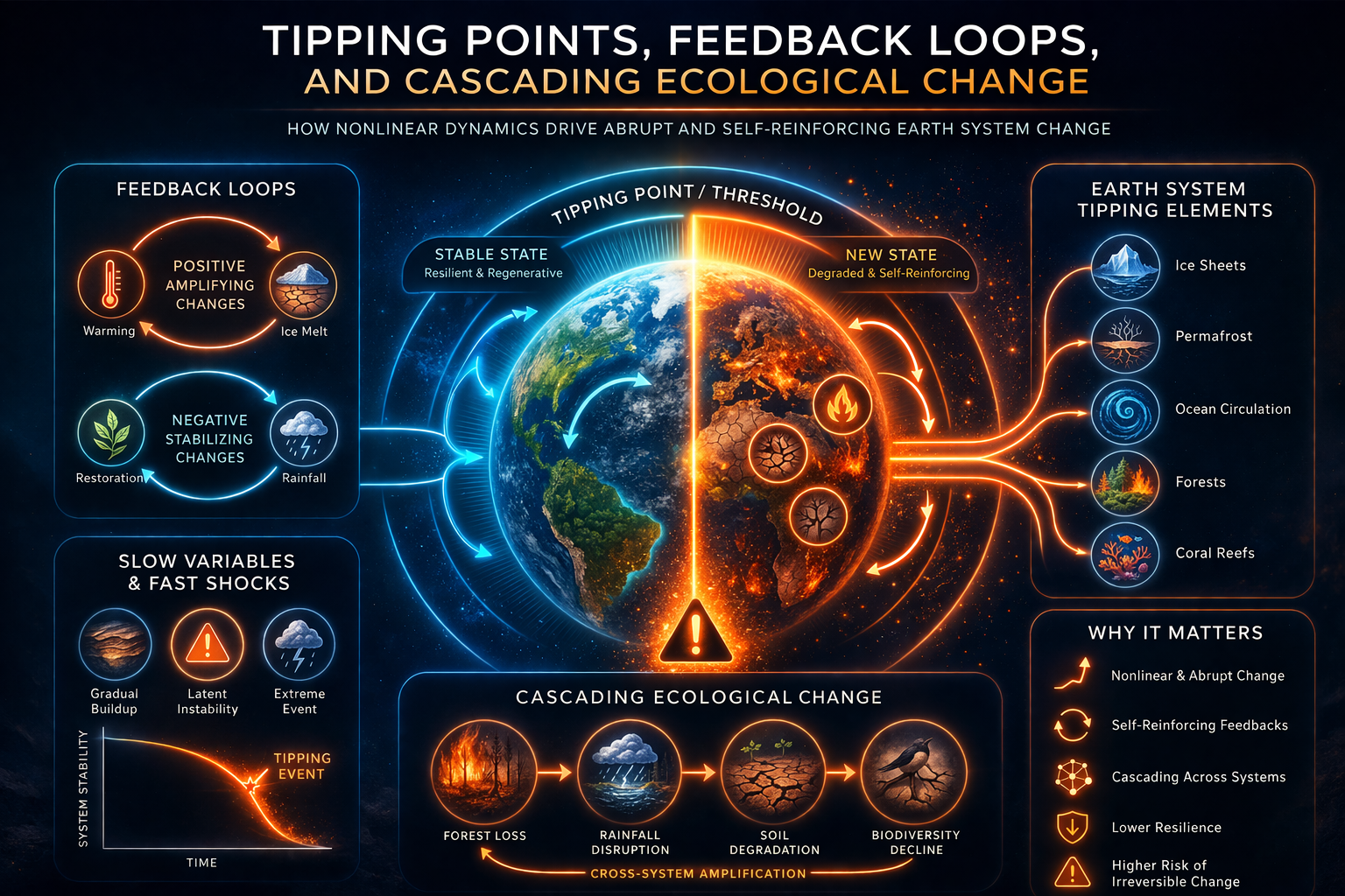 Infographic showing tipping points, feedback loops, and cascading ecological change, with Earth divided between a more stable state and a tipping state, alongside visual references to thresholds, positive and negative feedbacks, Earth system tipping elements, forest loss, rainfall disruption, soil degradation, and biodiversity decline.