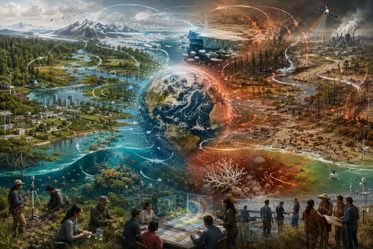 Editorial illustration showing Earth divided between resilient and stressed systems, with feedback loops, threshold pressures, ecosystem tipping dynamics, monitoring, and collaborative governance.