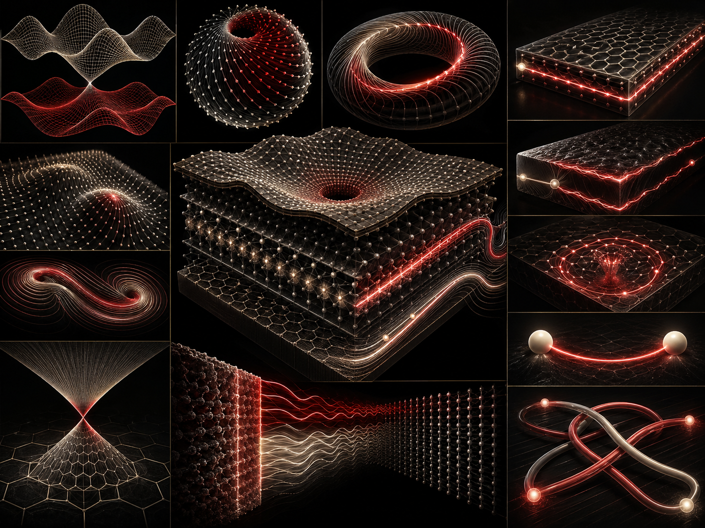 Editorial scientific illustration showing abstract band-structure surfaces, Berry-curvature textures, winding geometries, protected boundary channels, quantum Hall edge pathways, Majorana-like end states, anyonic braids, and layered quantum material structures.