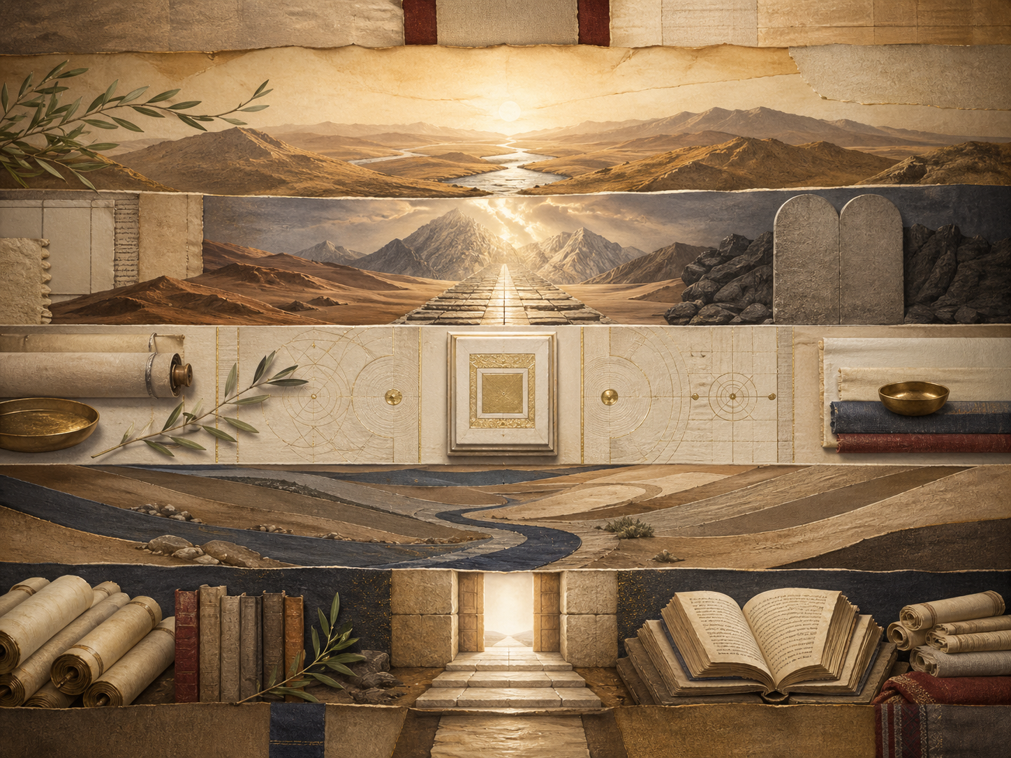 Non-figurative editorial illustration of layered parchment, scrolls, stone tablets, desert pathways, olive leaves, geometric manuscript structures, and soft illumination representing Torah as sacred instruction, covenant, and commandment.