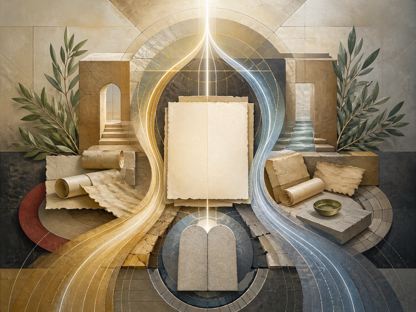Non-figurative editorial illustration of blank manuscripts, scrolls, stone-tablet forms, olive branches, luminous pathways, water traces, and sacred geometry representing Torah, halakhah, sharia, and Christian moral law.