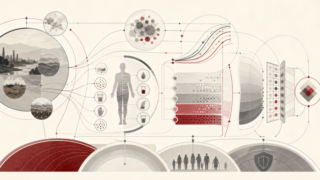 Editorial scientific illustration of toxicology as a chemical risk assessment system, showing environmental exposure pathways, molecular hazard evidence, biomonitoring forms, human vulnerability, dose-response layers, mixture uncertainty, threshold boundaries, safety margins, and protective decision structures in cream, black, muted gray, white, and deep red.