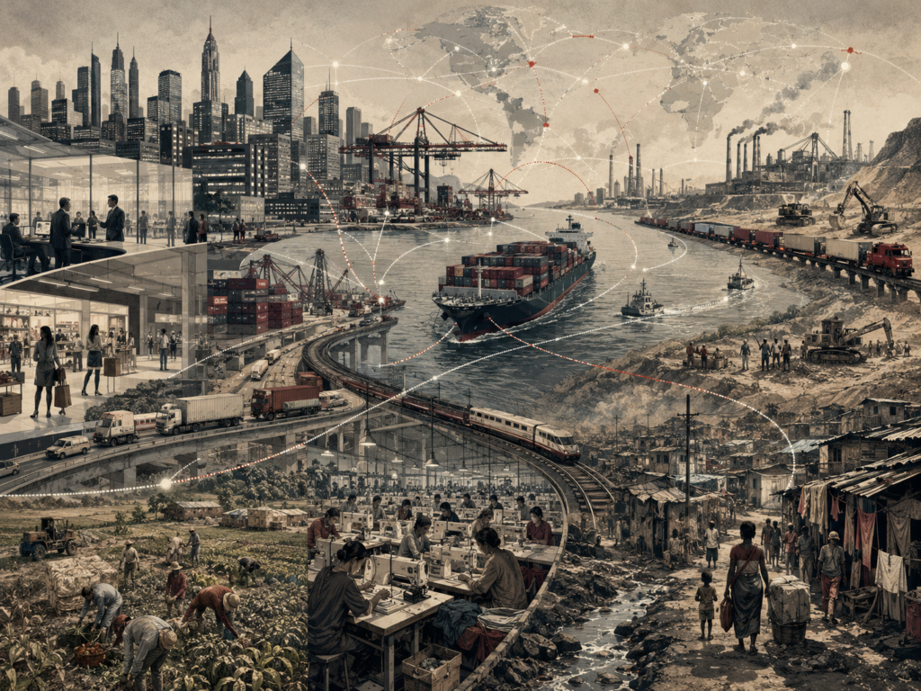 Editorial illustration of global trade networks linking ports, ships, factories, farms, mines, financial districts, garment workers, freight systems, and informal settlements, showing globalization and uneven development.