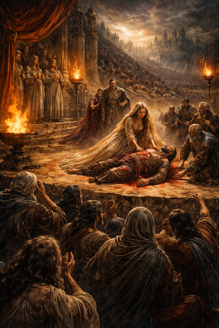 A dramatic painting of a queen mourning a fallen king on an ancient stage before a vast audience, with torches, mourners, and a ruined cityscape evoking tragedy as public spectacle and collective grief.
