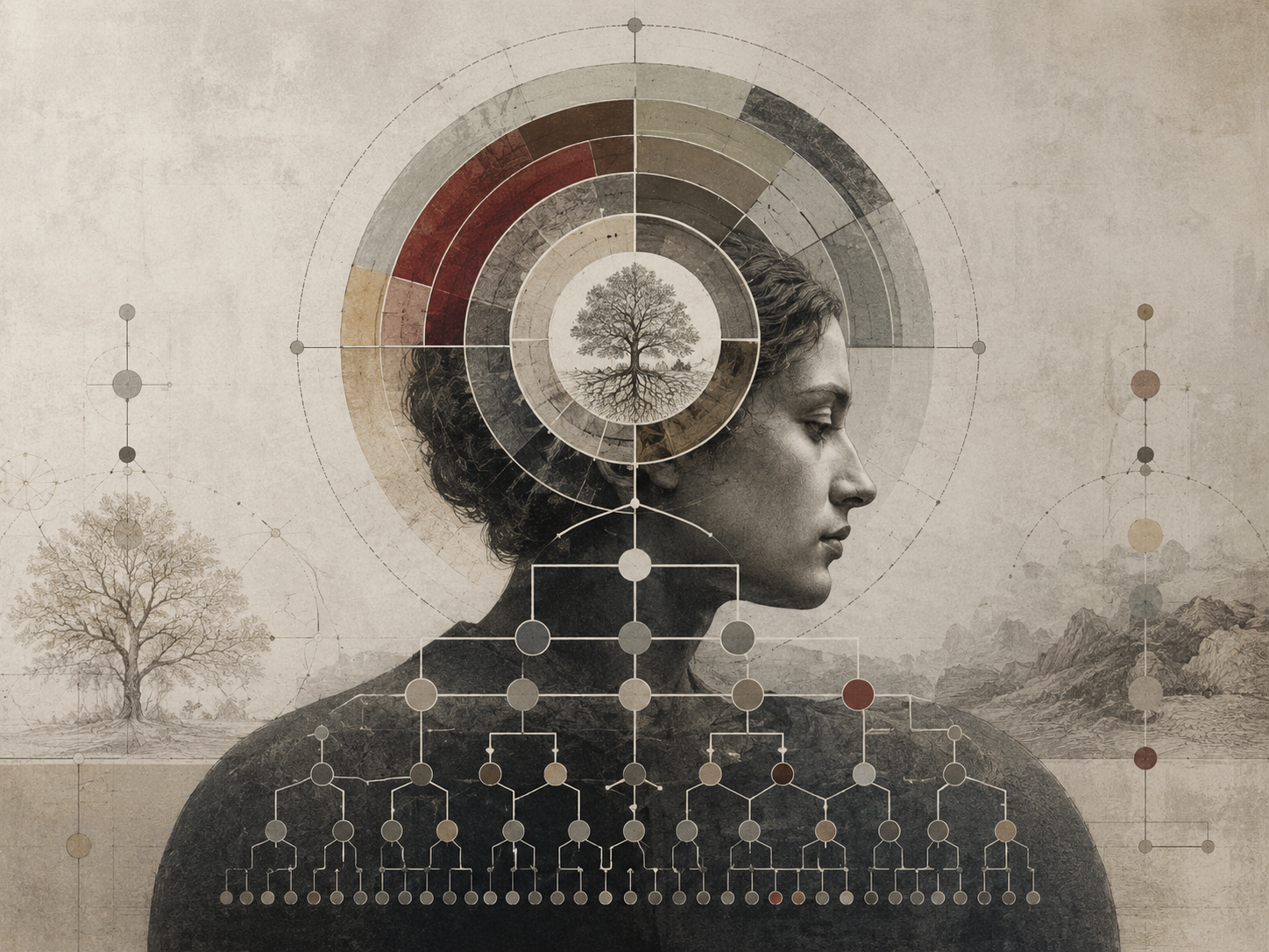 Restrained institutional illustration of a human profile overlaid with hierarchical diagrams, concentric trait layers, branching nodes, and tree imagery representing personality trait structure and facets.