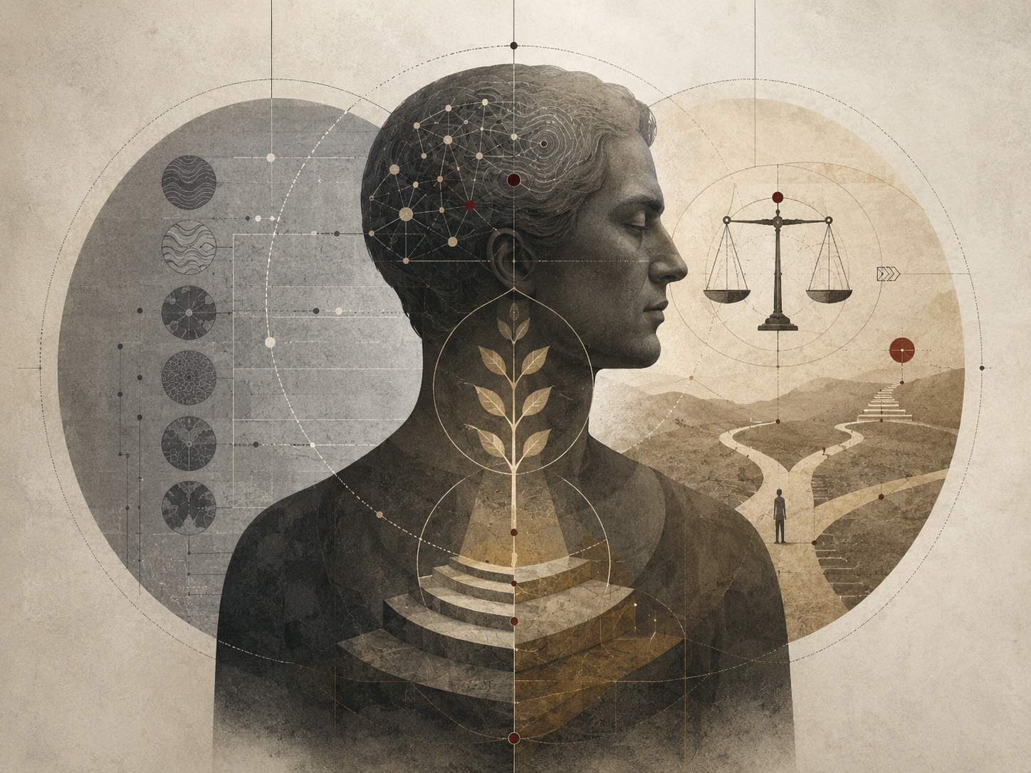 Restrained institutional illustration of a contemplative human profile surrounded by symbolic trait patterns, moral scales, branching paths, and ordered geometric forms representing character and moral evaluation.