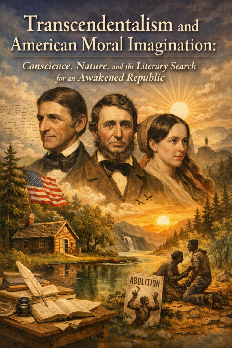 An editorial illustration featuring Emerson, Thoreau, and Margaret Fuller above a river landscape with a cabin, books and papers, abolitionist imagery, and glowing sunset light, representing Transcendentalism’s links to conscience, nature, reform, and moral awakening.