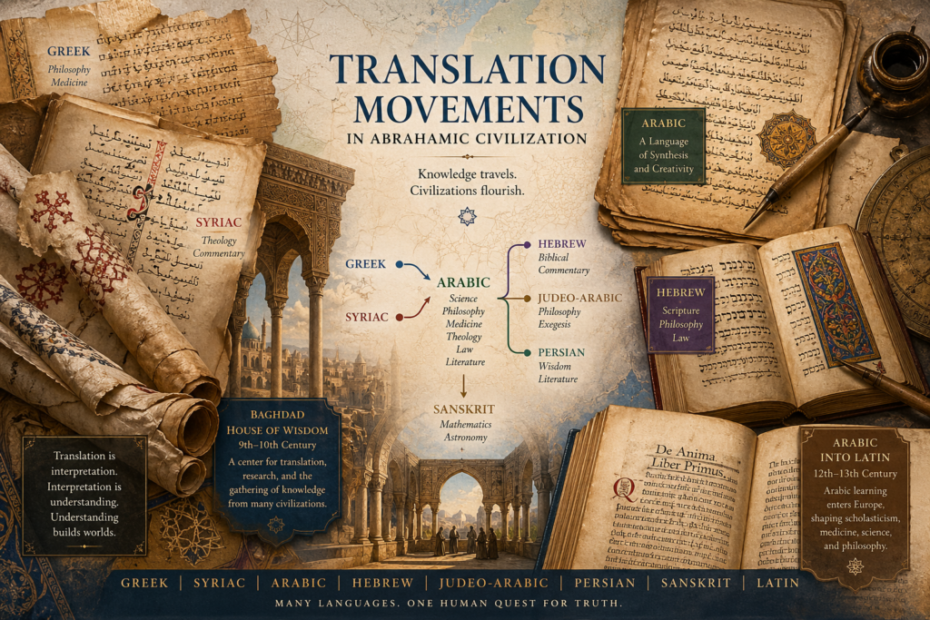 Editorial collage of manuscripts, scrolls, books, maps, scholarly pathways, and architectural details representing translation movements across Greek, Syriac, Arabic, Hebrew, Judeo-Arabic, Persian, Sanskrit, and Latin knowledge worlds.