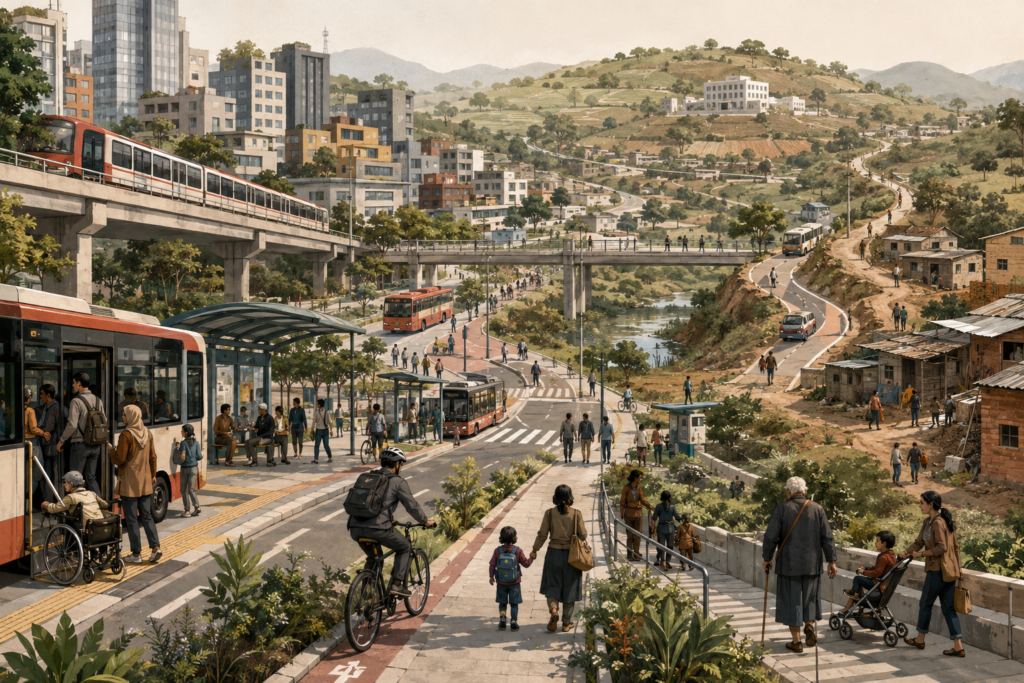 Editorial sustainability illustration showing public transport, walking, cycling, and accessible mobility linking urban, peri-urban, and rural communities to jobs, schools, clinics, and daily life.
