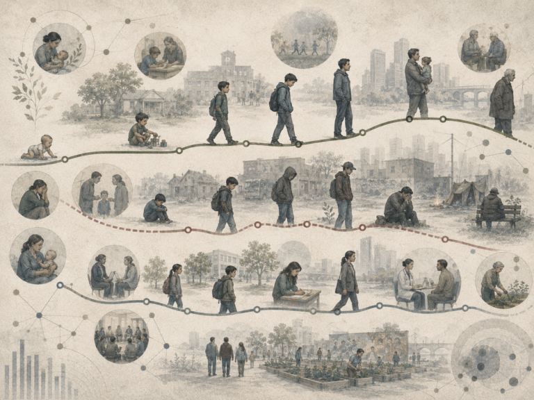 Abstract institutional illustration of life-course pathways shaped by trauma, adversity, care, recovery, education, health support, and community resilience.