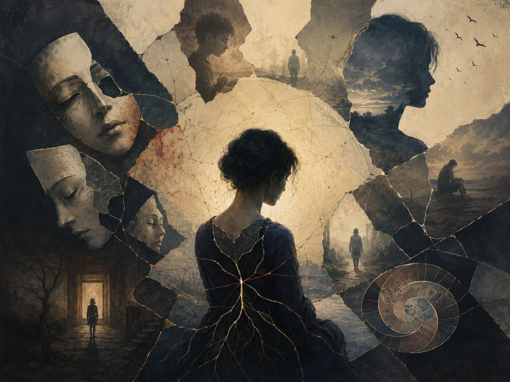 A solitary figure sits within a fractured symbolic psyche, surrounded by broken masks, shadowed memory scenes, dissociated silhouettes, and fragile connecting lines.