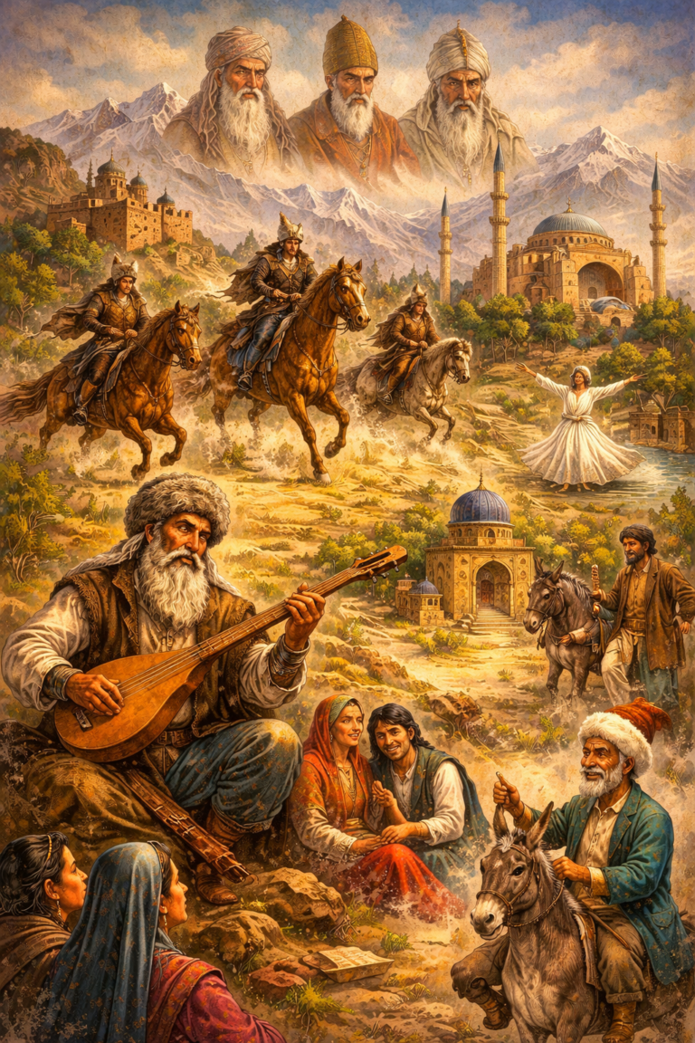 Editorial illustration of Turkic and Ottoman mythic worlds featuring steppe horsemen, an epic bard with a saz, saints and sages above the mountains, Ottoman and Central Asian architecture, whirling devotion, lovers, and Nasreddin Hodja on his donkey in a layered Eurasian landscape