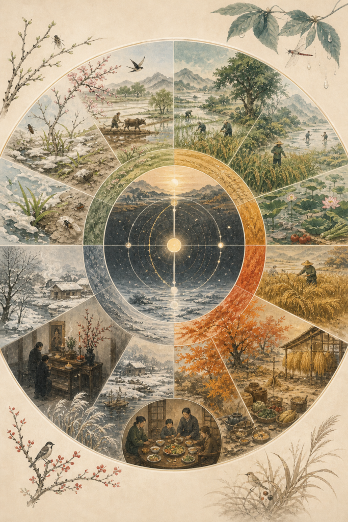 Circular seasonal illustration inspired by the Twenty-Four Solar Terms, showing celestial movement, agricultural labor, changing weather, ancestral remembrance, foodways, and the cyclical rhythm of the Chinese year.