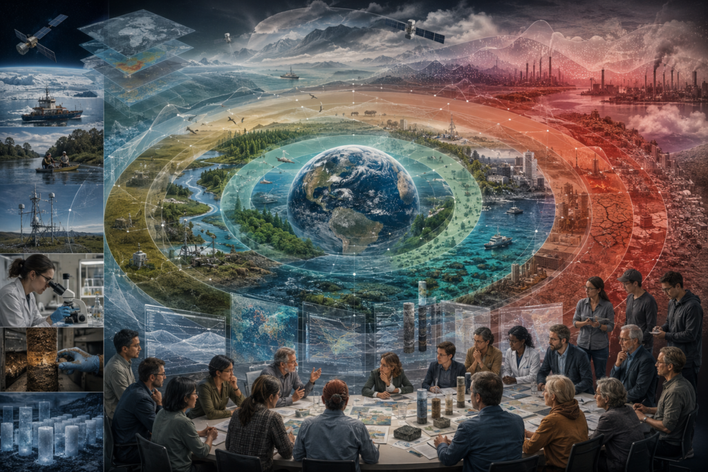 Editorial illustration showing Earth surrounded by layered risk zones, uncertainty bands, scientific monitoring, and a collaborative group assessing planetary-boundary risks.