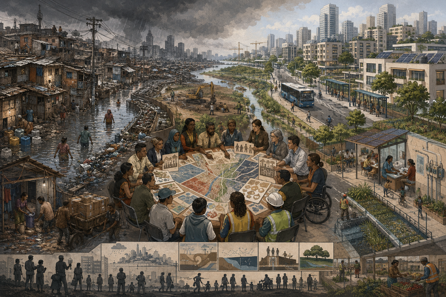 Editorial systems illustration showing informal settlements exposed to flooding, heat, weak infrastructure, and insecure tenure beside inclusive urban resilience planning, upgraded services, public transit, drainage, and community-led adaptation.
