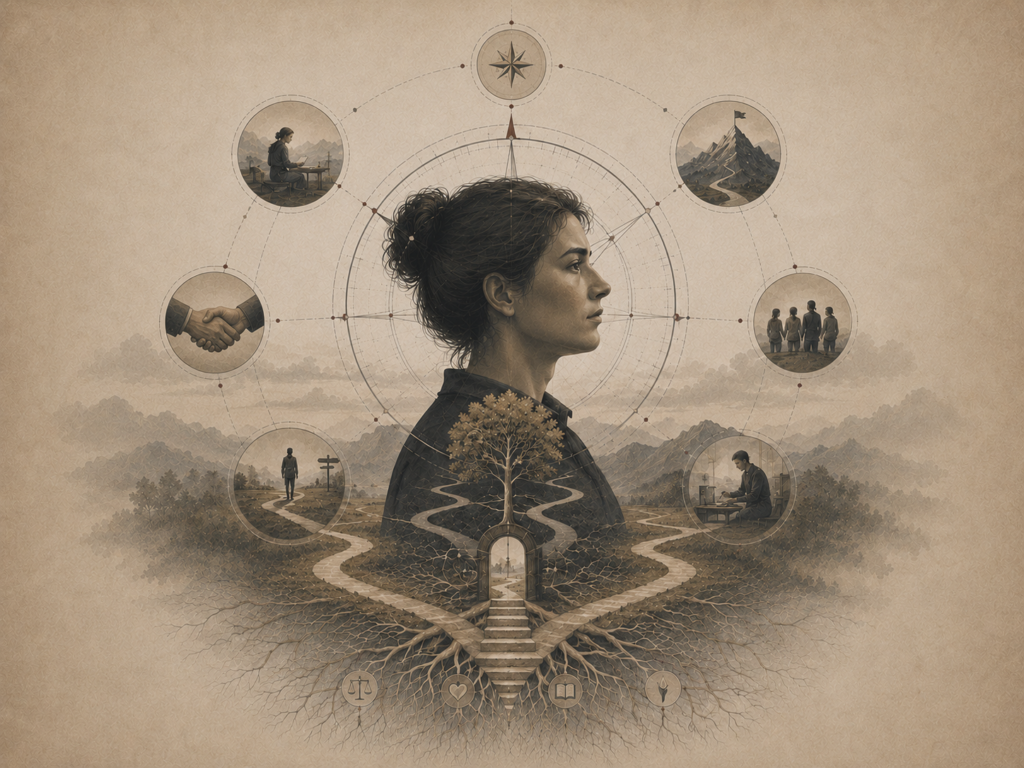 Restrained institutional illustration of a human profile surrounded by pathways, compass forms, roots, social scenes, and symbolic value markers representing values, strivings, and personality direction.