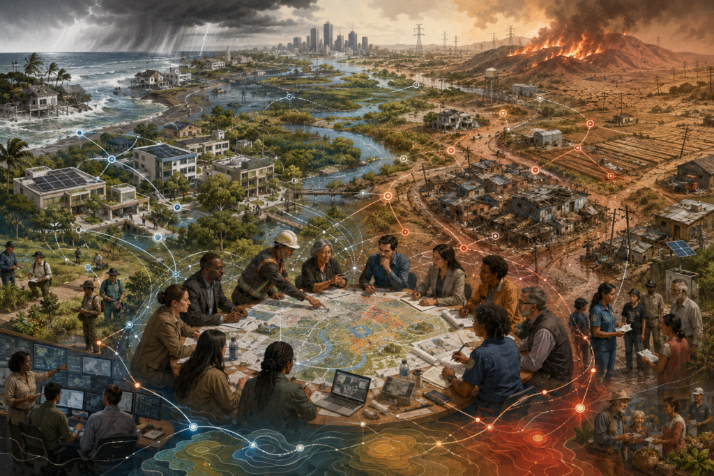 Editorial illustration showing coastal flooding, drought, wildfire, unequal infrastructure, community planning, and governance to explain vulnerability, exposure, and sensitivity in sustainable-systems risk.