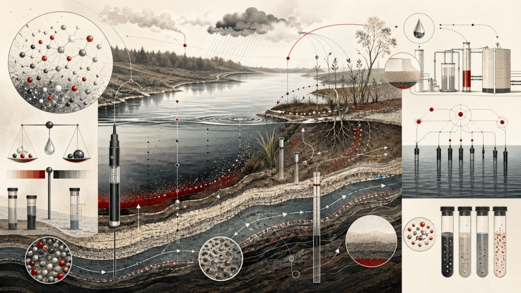 Editorial scientific illustration of water chemistry and environmental monitoring showing a river, subsurface flow, sediment layers, groundwater pathways, sampling tubes, sensor structures, molecular networks, contaminant movement, and laboratory-style water samples in cream, black, white, muted gray, and deep red.