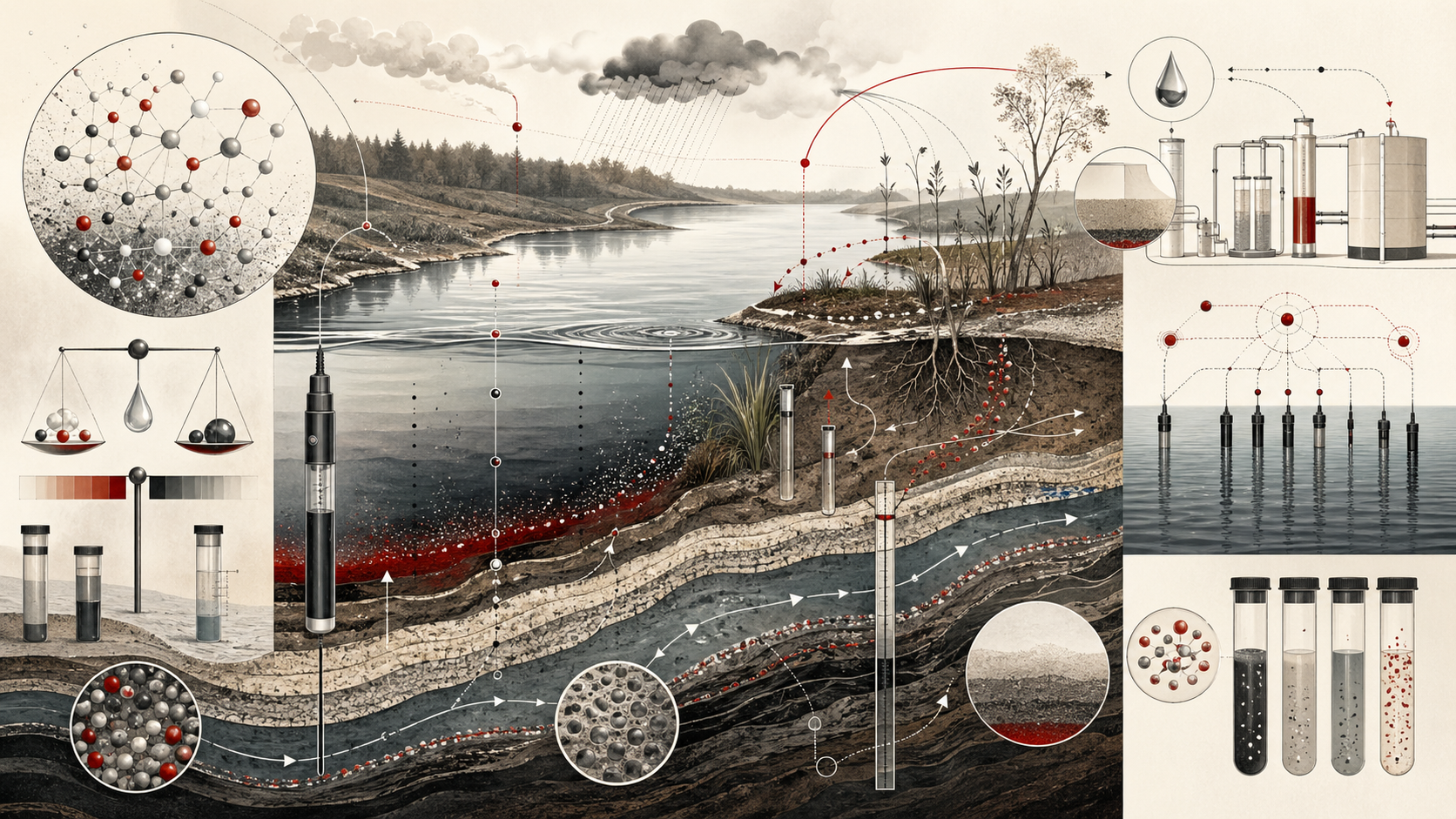 Editorial scientific illustration of water chemistry and environmental monitoring showing a river, subsurface flow, sediment layers, groundwater pathways, sampling tubes, sensor structures, molecular networks, contaminant movement, and laboratory-style water samples in cream, black, white, muted gray, and deep red.