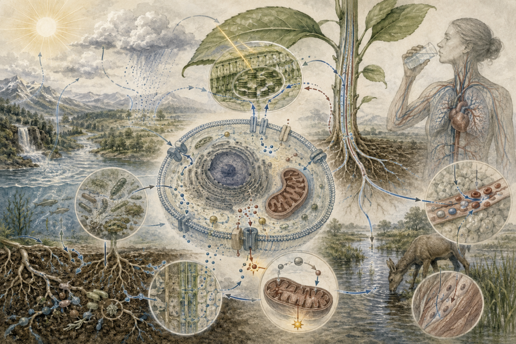 Research-grade systems biology illustration showing water cycles, sunlight, rivers, soil, plant roots, cells, membranes, mitochondria, chloroplasts, microbes, animals, and human physiology connected through water and energy flows.