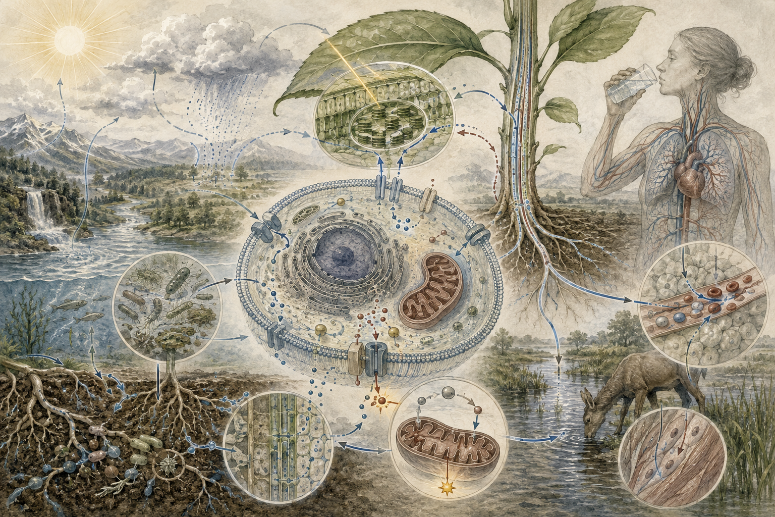 Research-grade systems biology illustration showing water cycles, sunlight, rivers, soil, plant roots, cells, membranes, mitochondria, chloroplasts, microbes, animals, and human physiology connected through water and energy flows.