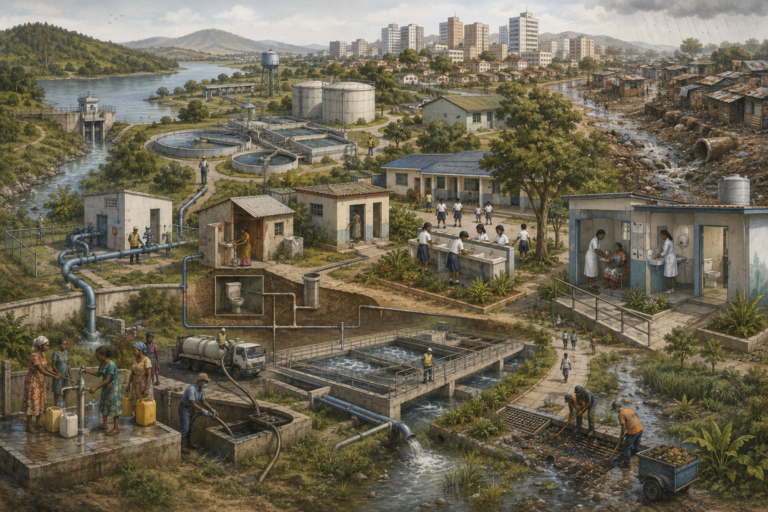 Editorial sustainability illustration showing water treatment, sanitation, hygiene facilities, drainage, wastewater systems, and unequal service conditions across neighborhoods, schools, clinics, and public spaces.