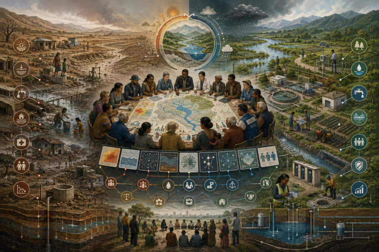 Editorial systems illustration contrasting water insecurity, drought, flooding, contamination, and unequal access with water-secure resilience, ecological buffers, sanitation, treatment systems, agriculture, and community governance.