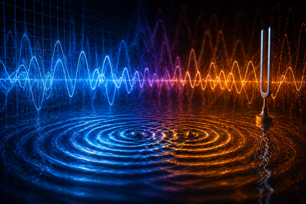 Abstract physics illustration showing glowing waveforms, circular water ripples, and a tuning fork to represent oscillations, resonance, interference, and wave propagation.