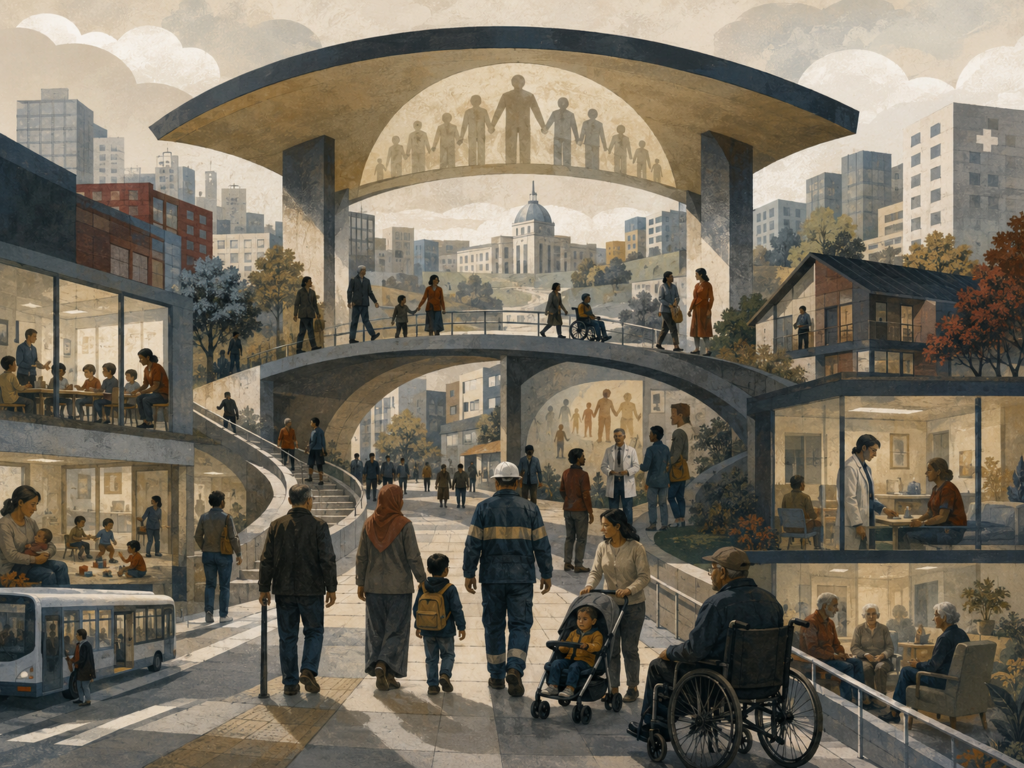 Editorial illustration of a civic welfare system with public institutions, schools, healthcare spaces, housing, transit, childcare, eldercare, accessible pathways, and people of different ages connected under a protective architectural canopy
