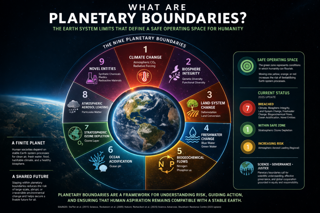 Infographic explaining planetary boundaries with Earth at the center and surrounding segments for climate change, biosphere integrity, land-system change, freshwater change, biogeochemical flows, ocean acidification, stratospheric ozone depletion, atmospheric aerosol loading, and novel entities.