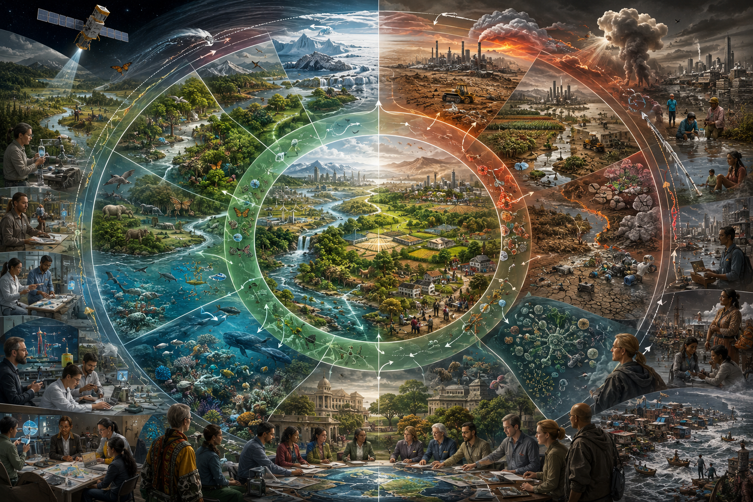 Editorial illustration showing planetary boundaries as interconnected Earth-system processes, with a central safe operating space surrounded by zones of ecological stability, growing pressure, governance, and human exposure.