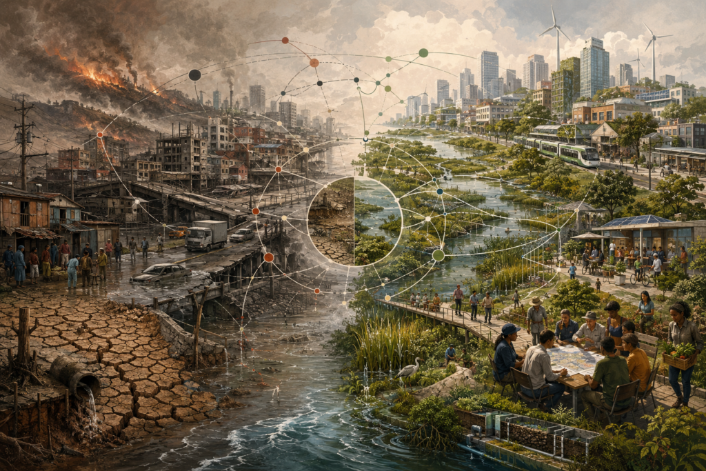 Editorial illustration contrasting systemic fragility and resilient adaptation, showing hazards, vulnerable infrastructure, ecological degradation, community planning, green infrastructure, and long-term resilience-building.