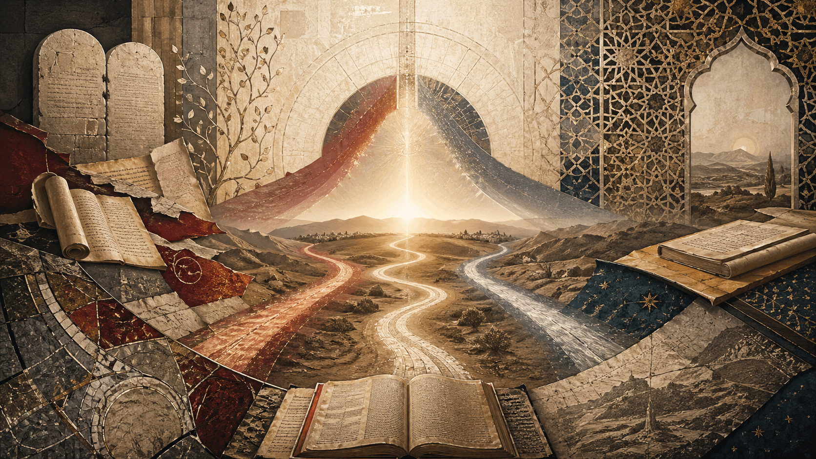 Editorial illustration of Judaism, Christianity, and Islam as three interwoven paths of sacred history, prophecy, revelation, covenant, law, and moral responsibility.
