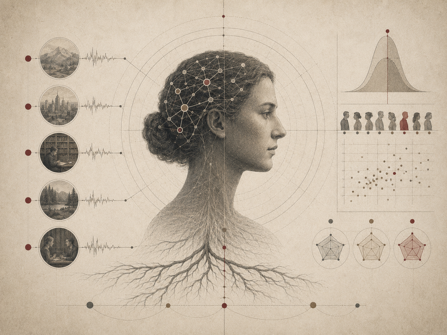Restrained institutional illustration of a human profile with branching roots, neural networks, situational vignettes, distribution curves, and measurement diagrams representing traits, stability, disposition, and individual differences.