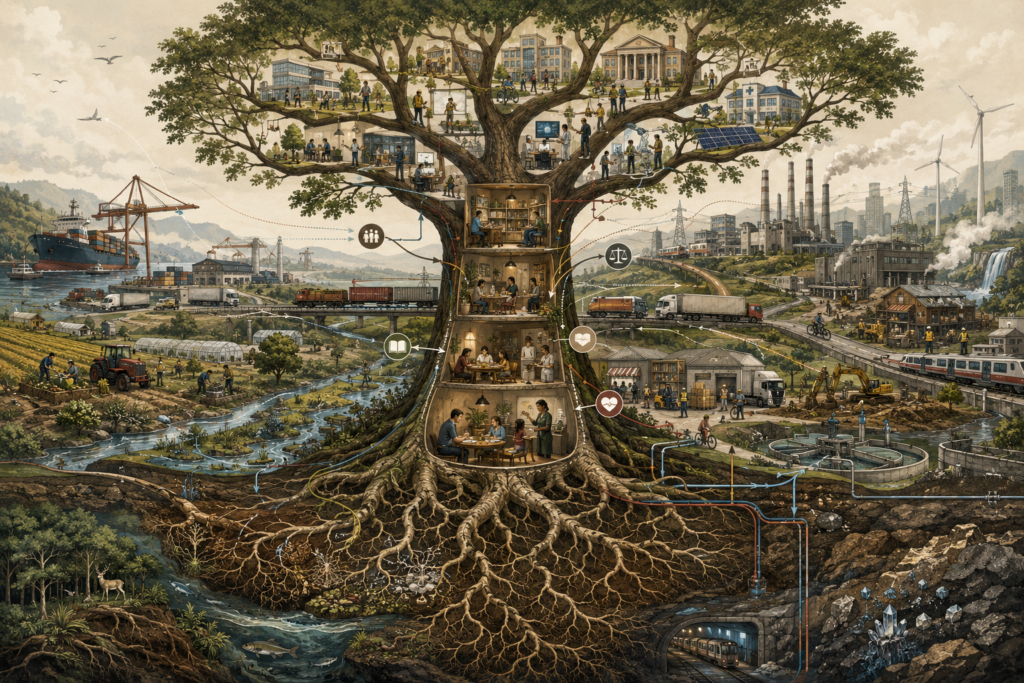 Editorial illustration of an economic system shown as a large tree and root network, with households and care in the trunk, institutions and workplaces in the branches, farms, factories, logistics, finance, infrastructure, and ecological foundations connected across a broad social and environmental landscape.