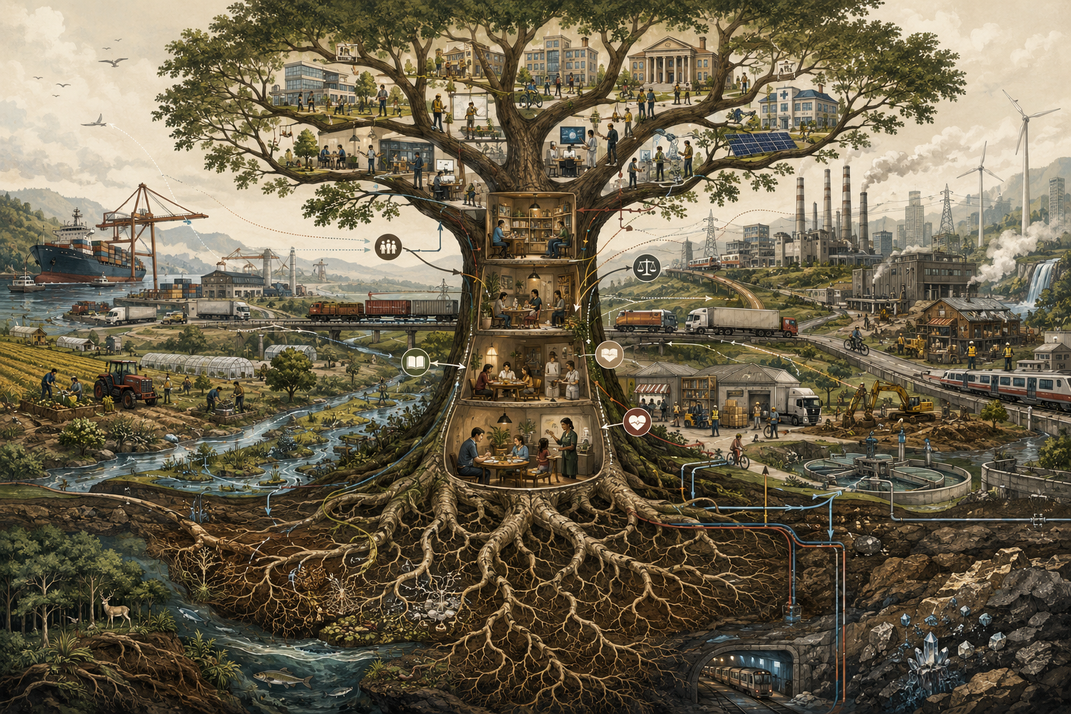Editorial illustration of an economic system shown as a large tree and root network, with households and care in the trunk, institutions and workplaces in the branches, farms, factories, logistics, finance, infrastructure, and ecological foundations connected across a broad social and environmental landscape.