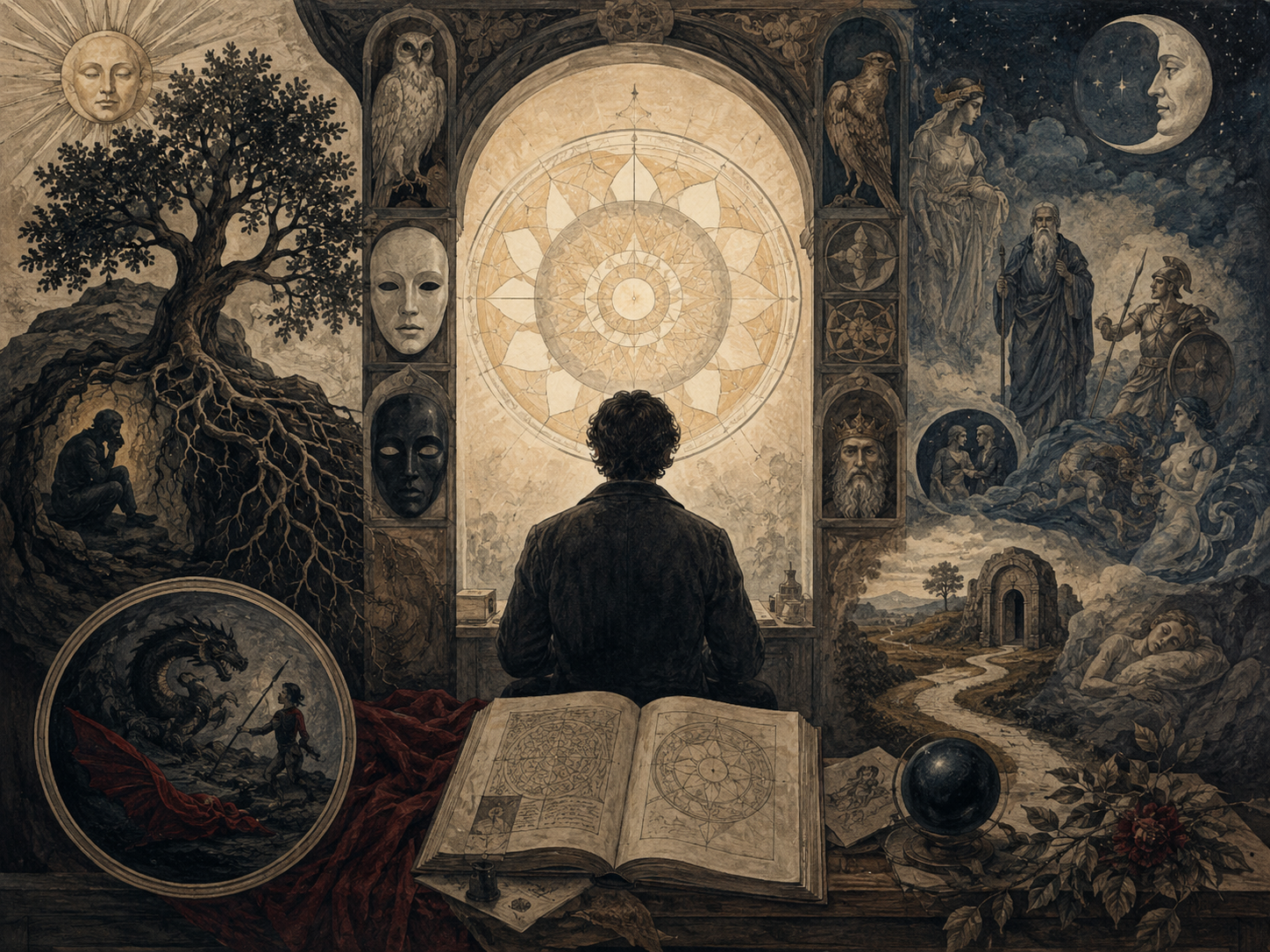 A contemplative figure studies an open symbolic manuscript before a mandala-like center, surrounded by masks, roots, mythic figures, dream imagery, shadow, and archetypal scenes.