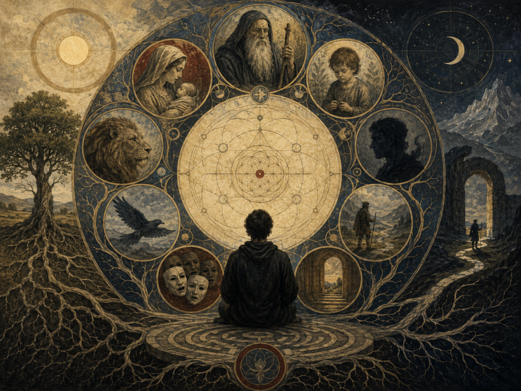 A seated figure faces a circular symbolic structure filled with archetypal images, including a mother, child, wise elder, lion, bird, masks, shadow, thresholds, roots, sun, and moon.